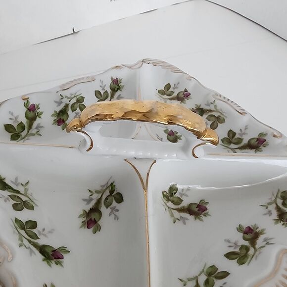 Norcrest Vintage Nut Candy Dish Rose Buds Gold Accents Handle 4 Sections - Picture 5 of 12